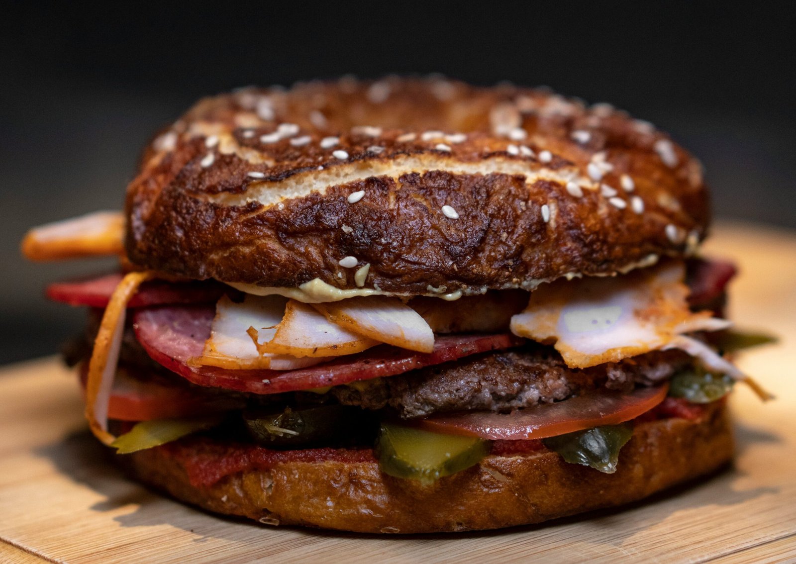 burger on brown surface